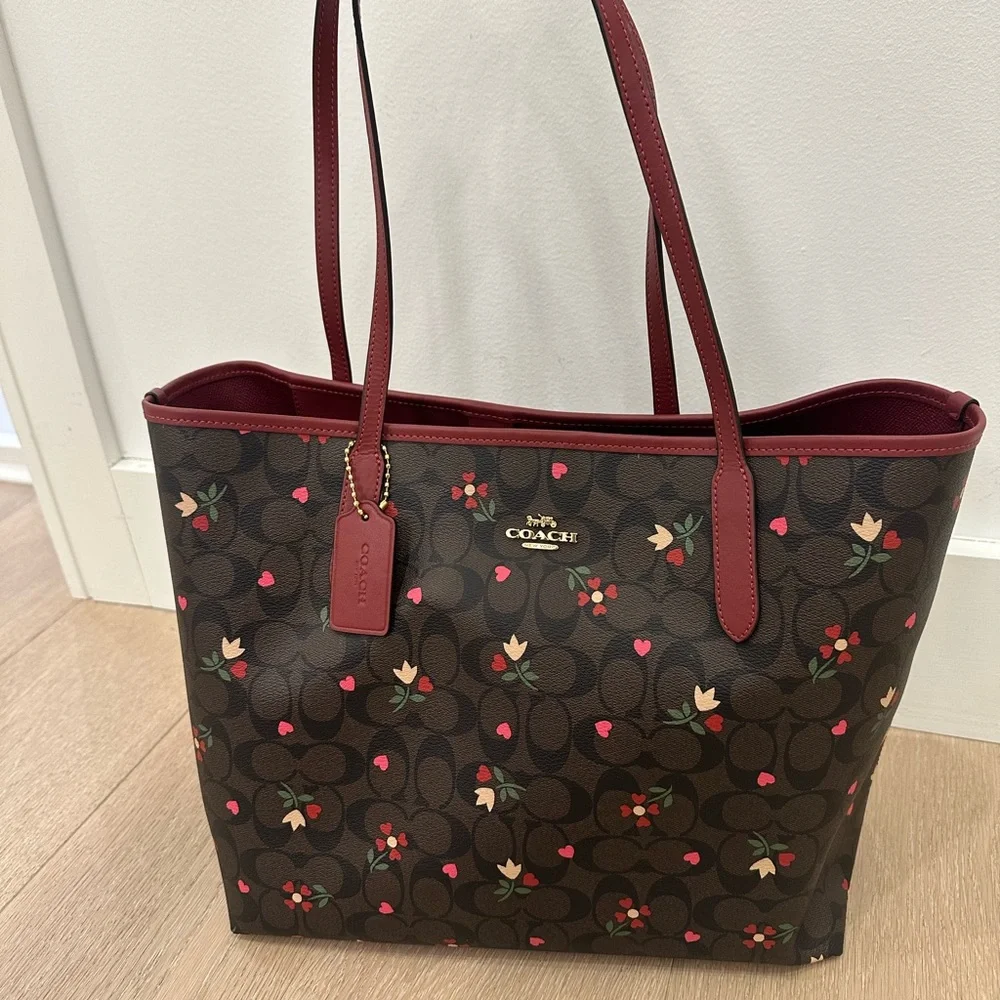 Coach Floral Tote in Brown and Red - Picture 1 of 4